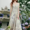 ELLE复古印花度假风吊带连衣裙女2026春季新款时髦优雅波嬉a字裙