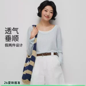 O1CN01wEHdFK1RqFQxG5JU9_106852162.jpg_q50.jpg_.webp 热风圆领长袖T恤上衣2026年夏季新款假两件长袖T恤抽绳收腰T恤