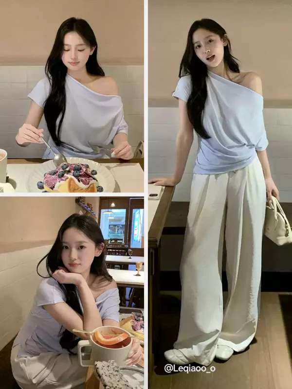 O1CN01wGtI451LUMoFS5nxP_397341302.jpg_q50.jpg_.webp 陈都灵|森马T恤女夏季短款荡领褶皱修身连肩袖开叉2026新款上衣