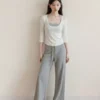 羊城故事 白色u领修身七分袖T恤女2026夏季挂脖吊带中袖两件套
