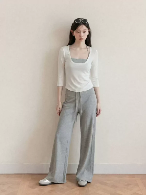 羊城故事 白色u领修身七分袖T恤女2026夏季挂脖吊带中袖两件套