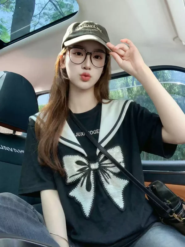 立体蝴蝶结刺绣短袖t恤女2026新款夏季韩系减龄设计感纯棉上衣ins