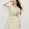 周也代言红袖碎花连衣裙2026夏季新款女装田园风泡泡袖100%棉裙