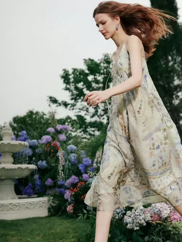 ELLE复古印花度假风吊带连衣裙女2026春季新款时髦优雅波嬉a字裙