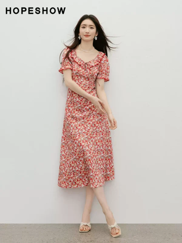 周也代言红袖超火减龄连衣裙2026夏季新款女装度假风泡泡袖碎花裙